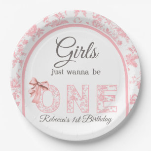 Toile Coquette Pink Bow Girl First 1st Birthday Paper Plate