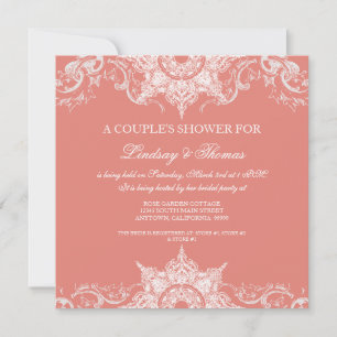 Toile Damask Swirl Couples Shower Coral Pink Invitation