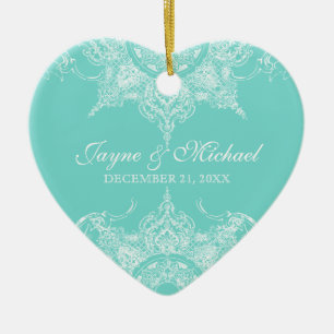 Toile Damask Swirl First Christmas Aqua Blue Ceramic Ornament