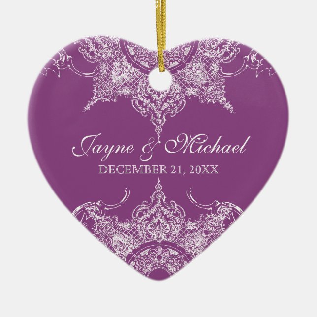 Toile Damask Swirl First Christmas Plum Ceramic Tree Decoration (Front)