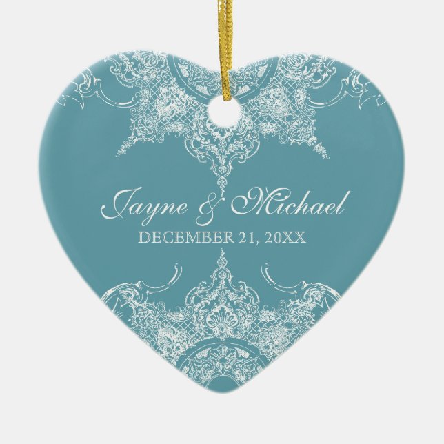 Toile Damask Swirl First Christmas Slate Blue Ceramic Ornament (Front)