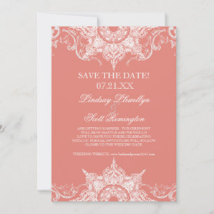 Toile Damask Swirl Save the Dates Coral PInk Date