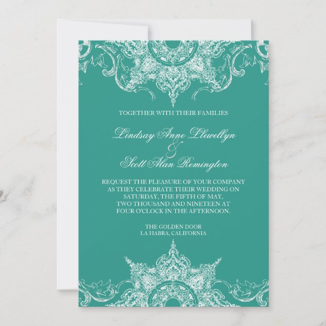 Toile Damask Swirl Wedding Invite Teal Green (Front)