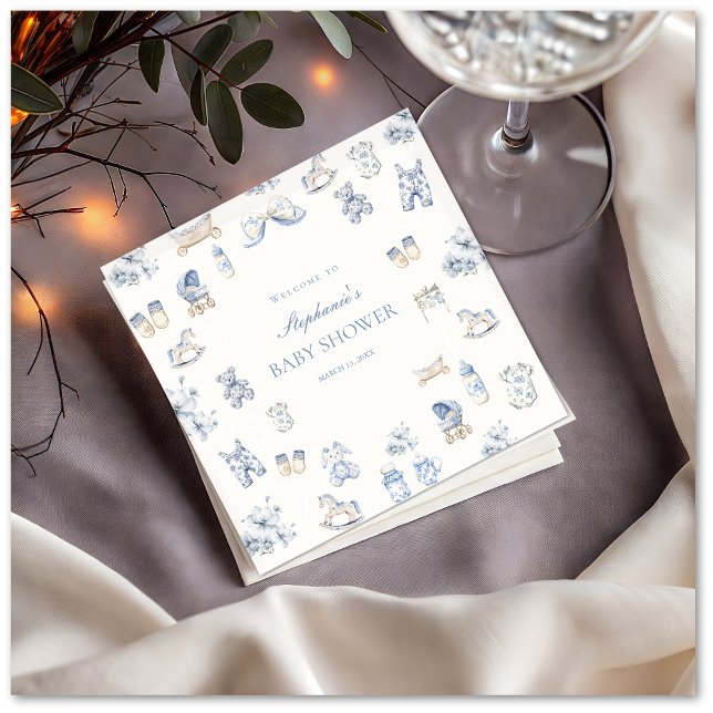 Toile De Jouy Baby Shower Blue Bow Boy Napkin (Toile De Jouy Baby Shower Blue Bow Boy Napkin)