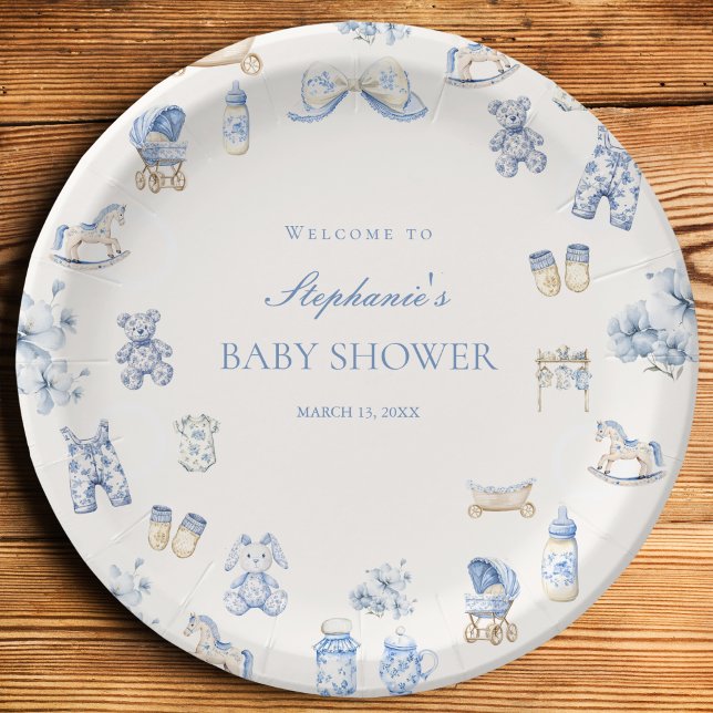 Toile De Jouy Baby Shower Blue Bow Boy Paper Plate (Toile De Jouy Baby Shower Blue Bow Boy Paper Plates)