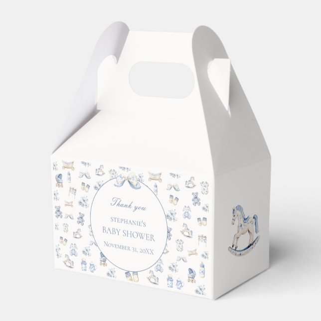 Toile De Jouy Baby Shower Blue Bow Favour Box (Front Side)
