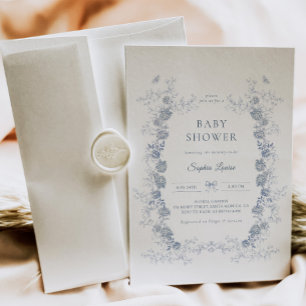 Toile de Jouy Baby Shower Blue Chinoiserie Floral  Invitation