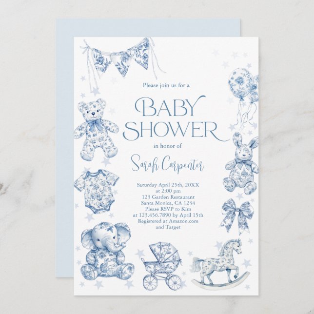 Toile De Jouy Baby Shower Boy Invitation (Front/Back)