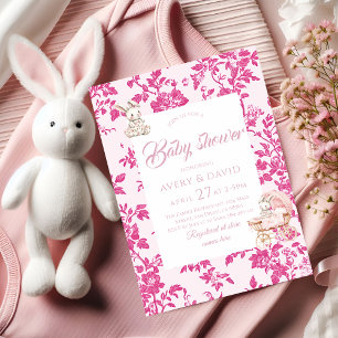 Toile de Jouy Baby Shower Dusty Pink Teddy Bear Invitation