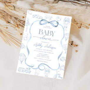 Toile De Jouy Baby Shower with Bow Boy Invitation