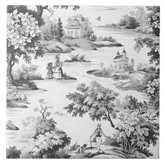 Toile de jouy,black and white,porcelain, ceramic tile (Front)