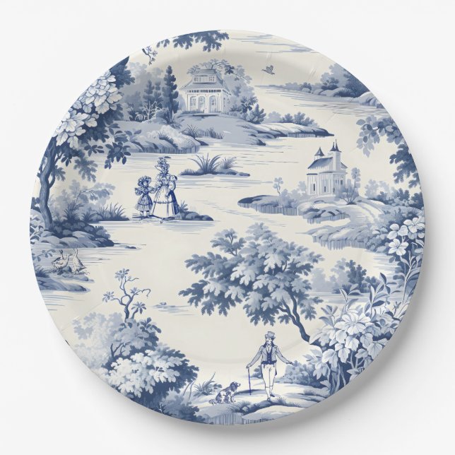 Toile de jouy,blue and white,porcelain, paper plate (Front)