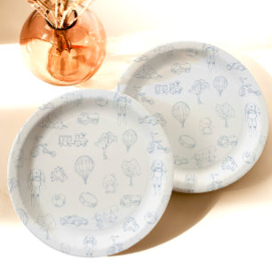 Toile de Jouy Blue Baby shower Paper Plate