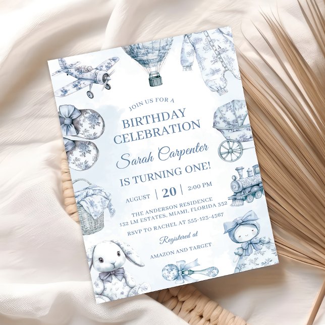Toile De Jouy Blue Birthday Party Invitation (Creator Uploaded)