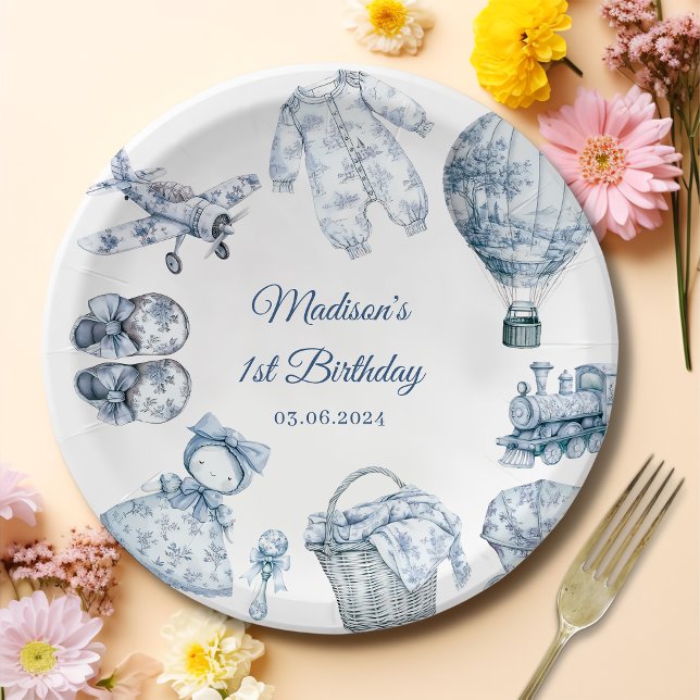 Toile De Jouy Blue Birthday Party Paper Plate (Creator Uploaded)