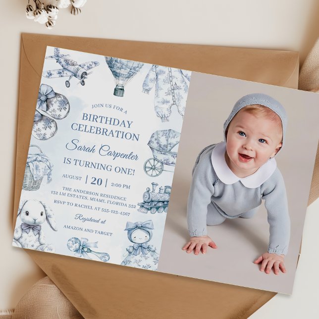 Toile De Jouy Blue Birthday Party Photo  Invitation (Creator Uploaded)