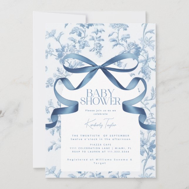 Toile De Jouy Blue Bow Baby Shower Invitation (Front)