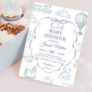 Toile De Jouy Blue Bow Baby Shower Party Invitation