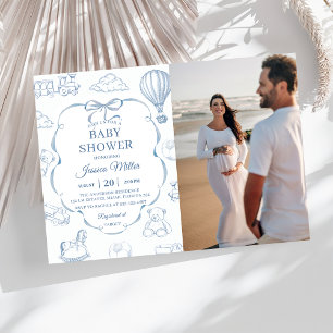 Toile De Jouy Blue Bow Baby Shower Party Photo  Invitation