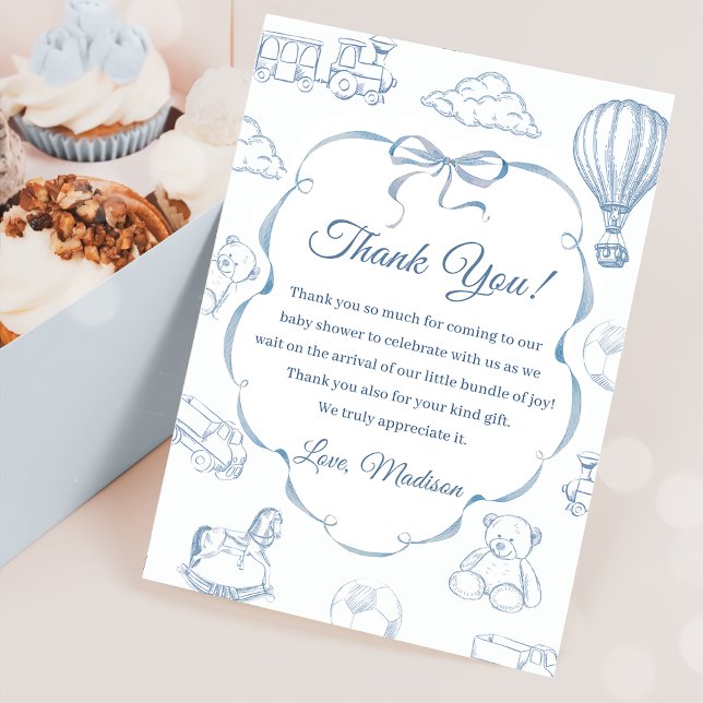 Toile De Jouy Blue Bow Baby Shower Thank You Card (Creator Uploaded)