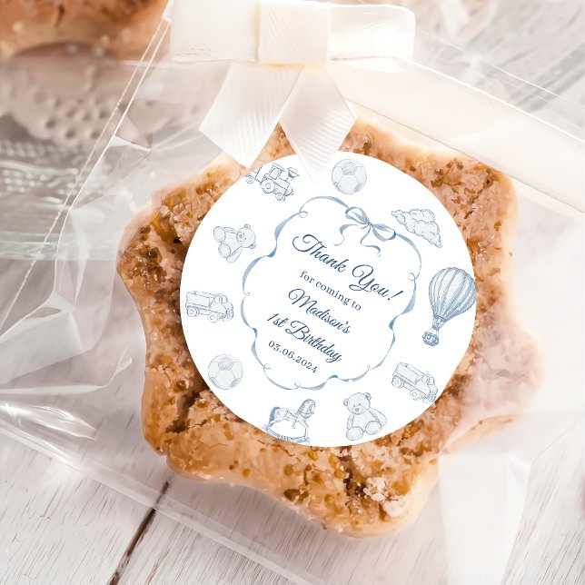 Toile De Jouy Blue Bow Birthday Party  Classic Round Sticker (Creator Uploaded)