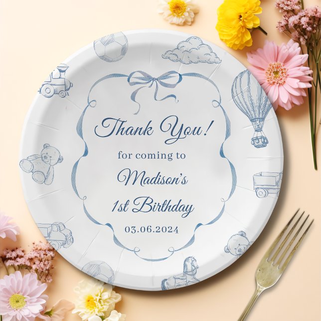 Toile De Jouy Blue Bow Birthday Party Paper Plate (Creator Uploaded)