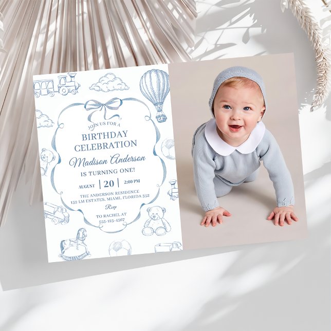 Toile De Jouy Blue Bow Birthday Party Photo Invitation (Creator Uploaded)