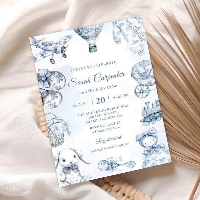 Toile De Jouy Blue Boy Baby Shower Party Invitation (Creator Uploaded)