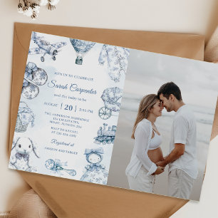 Toile De Jouy Blue Boy Baby Shower Party Photo  Invitation