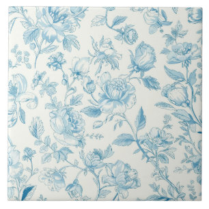 Toile de jouy Blue Chinoiseries Peonies Floral  Ceramic Tile
