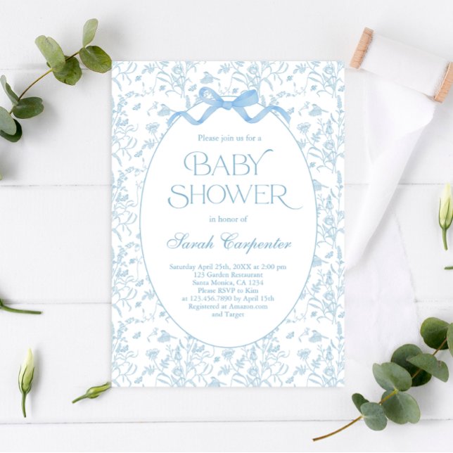 Toile De Jouy Bow Baby Shower Boy Invitation (Creator Uploaded)