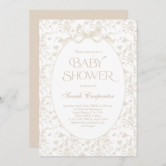 Toile De Jouy Bow Baby Shower neutral Invitation (Front/Back)