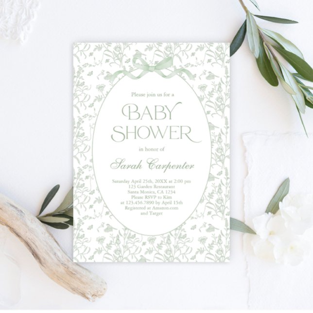 Toile De Jouy Bow Baby Shower sage Invitation (Creator Uploaded)