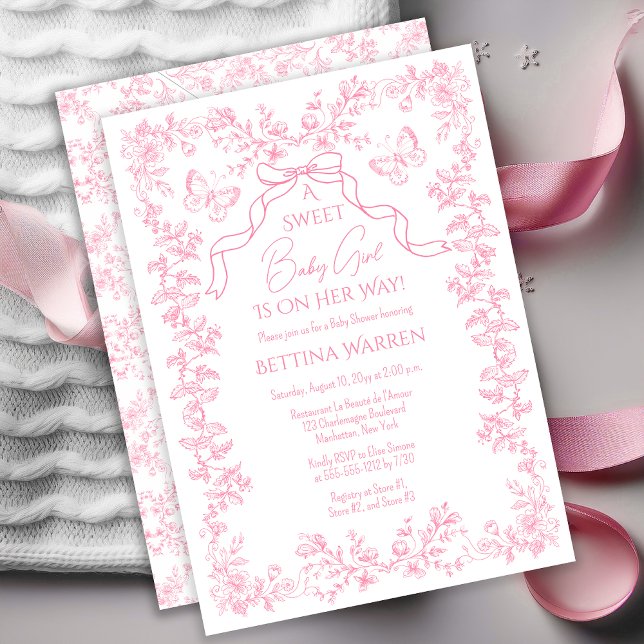 Toile de Jouy Chinoiserie Butterflies Baby Shower Invitation ("A Sweet Baby Girl Is On Her Way!" Chinoiserie Toile de Jouy Butterflies Bow Girl Baby Shower Invite)