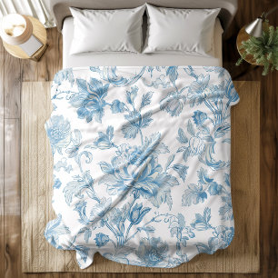 Toile-de-jouy Chinoiseries Blue Floral Pattern Fleece Blanket