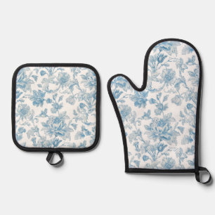 Toile-de-jouy Chinoiseries Blue Floral Pattern Oven Mitt & Pot Holder Set