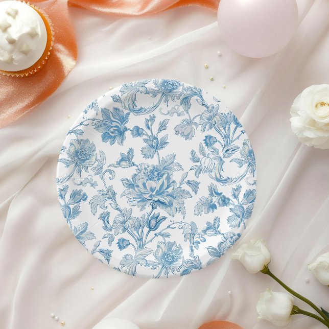 Toile-de-jouy Chinoiseries Blue Floral Pattern Paper Plate (Creator Uploaded)