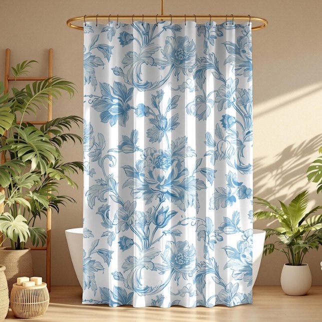 Toile-de-jouy Chinoiseries Blue Floral Pattern Shower Curtain (Creator Uploaded)