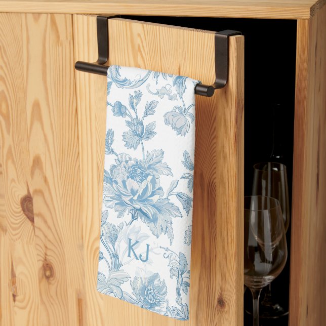 Toile-de-jouy Chinoiseries Blue Floral Pattern Tea Towel (Thirds Fold)