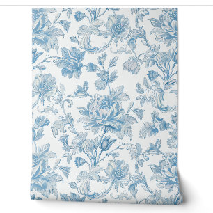 Toile-de-jouy Chinoiseries Blue Floral Pattern Wallpaper