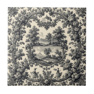 Toile De Jouy Countryside Floral Motif Monochrome  Ceramic Tile