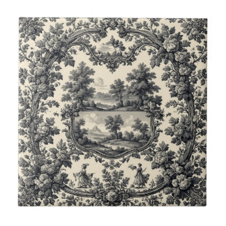 Toile De Jouy Countryside Floral Motif Monochrome  Ceramic Tile