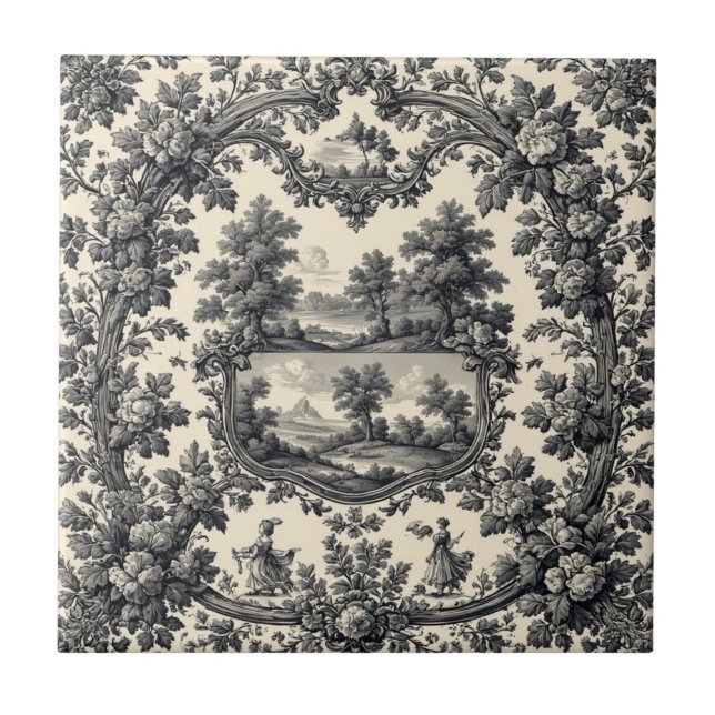 Toile De Jouy Countryside Floral Motif Monochrome  Ceramic Tile (Front)