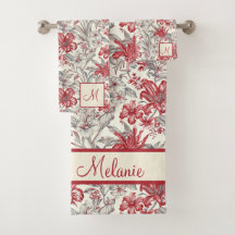 Toile de Jouy Deep Red and Grey Floral Lilies