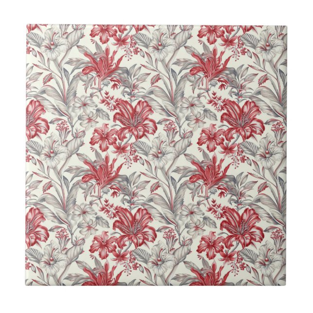 Toile de Jouy Deep Red and Subtle Grey Floral Ceramic Tile (Front)