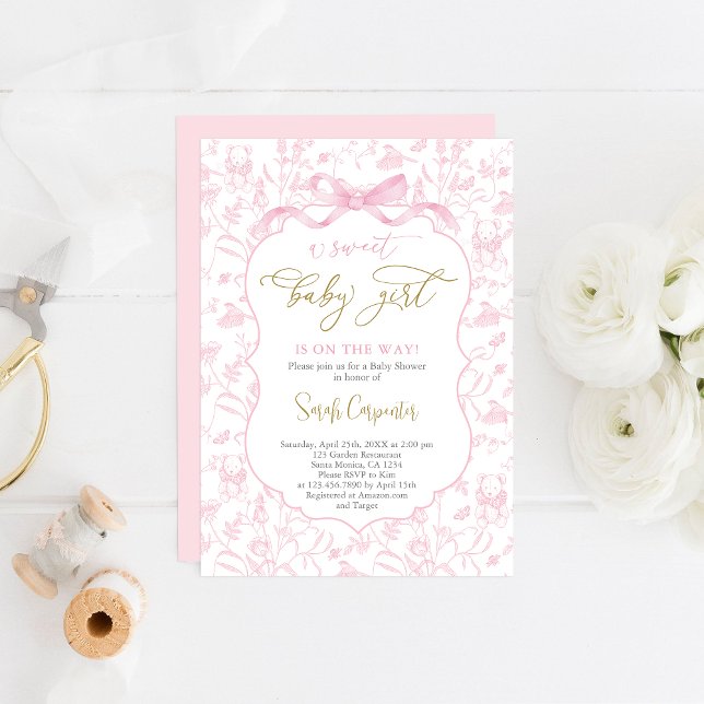 Toile De Jouy Girl Baby Shower with Bow Invitation (Creator Uploaded)