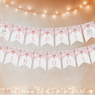 Toile de Jouy Girl Pink Bow First 1st Birthday Bunting