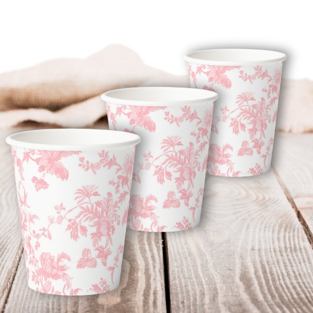 Toile de Jouy Girl Pink Bow First 1st Birthday Paper Cups (Creator Uploaded)