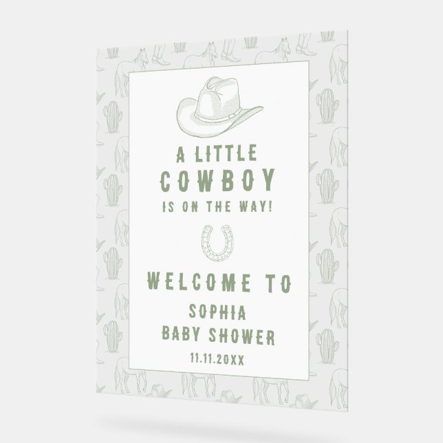 Toile De Jouy Green Cowboy Baby Shower Welcome Acrylic Sign (Angle)