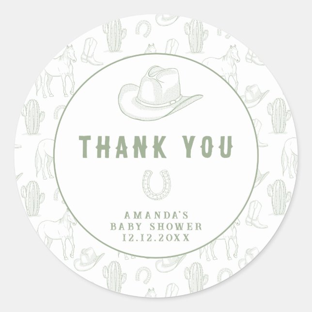 Toile de Jouy Green Cowboy Western Baby Shower Classic Round Sticker (Front)